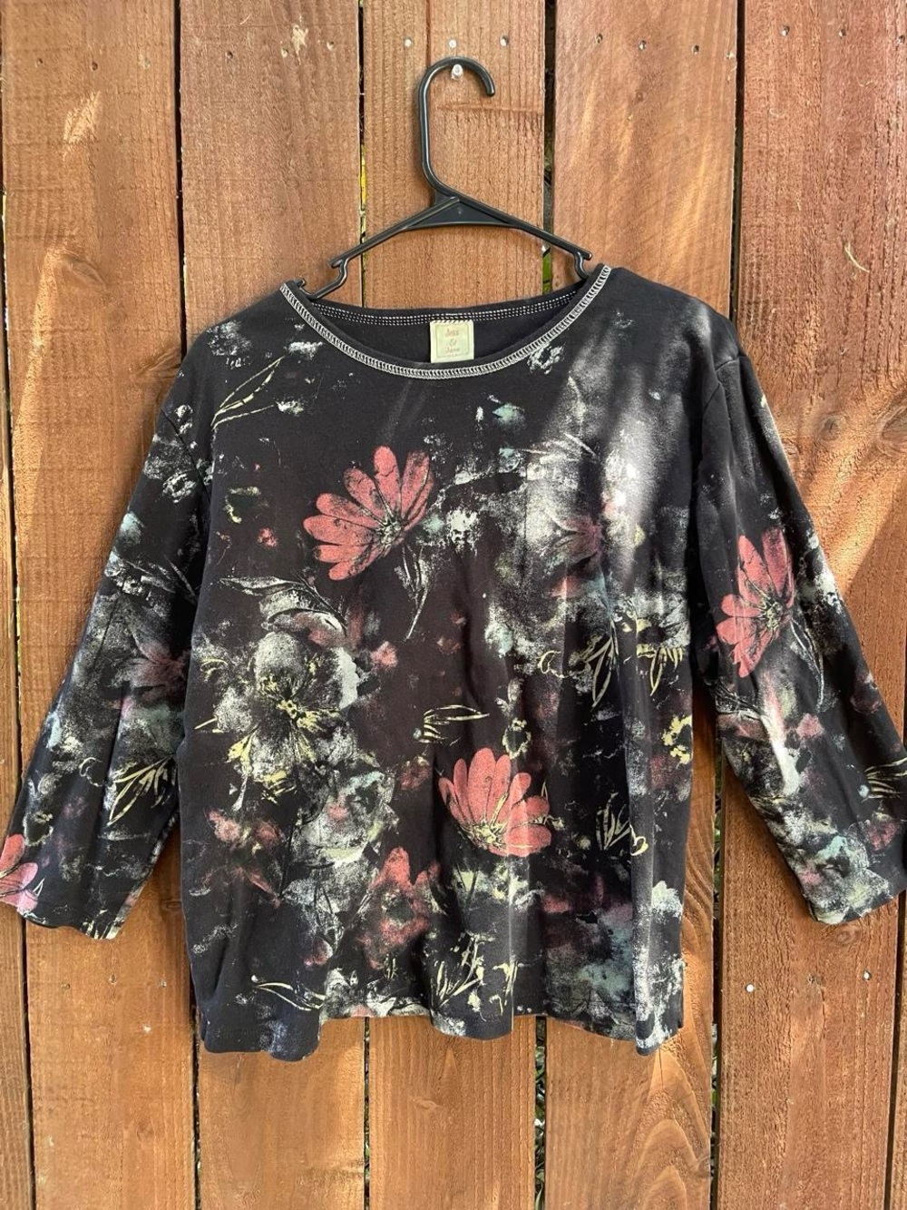 Jess & Jane Black Mineral Wash Dark Aesthetic Floral Art to Wear 3/4 Sleeve Top